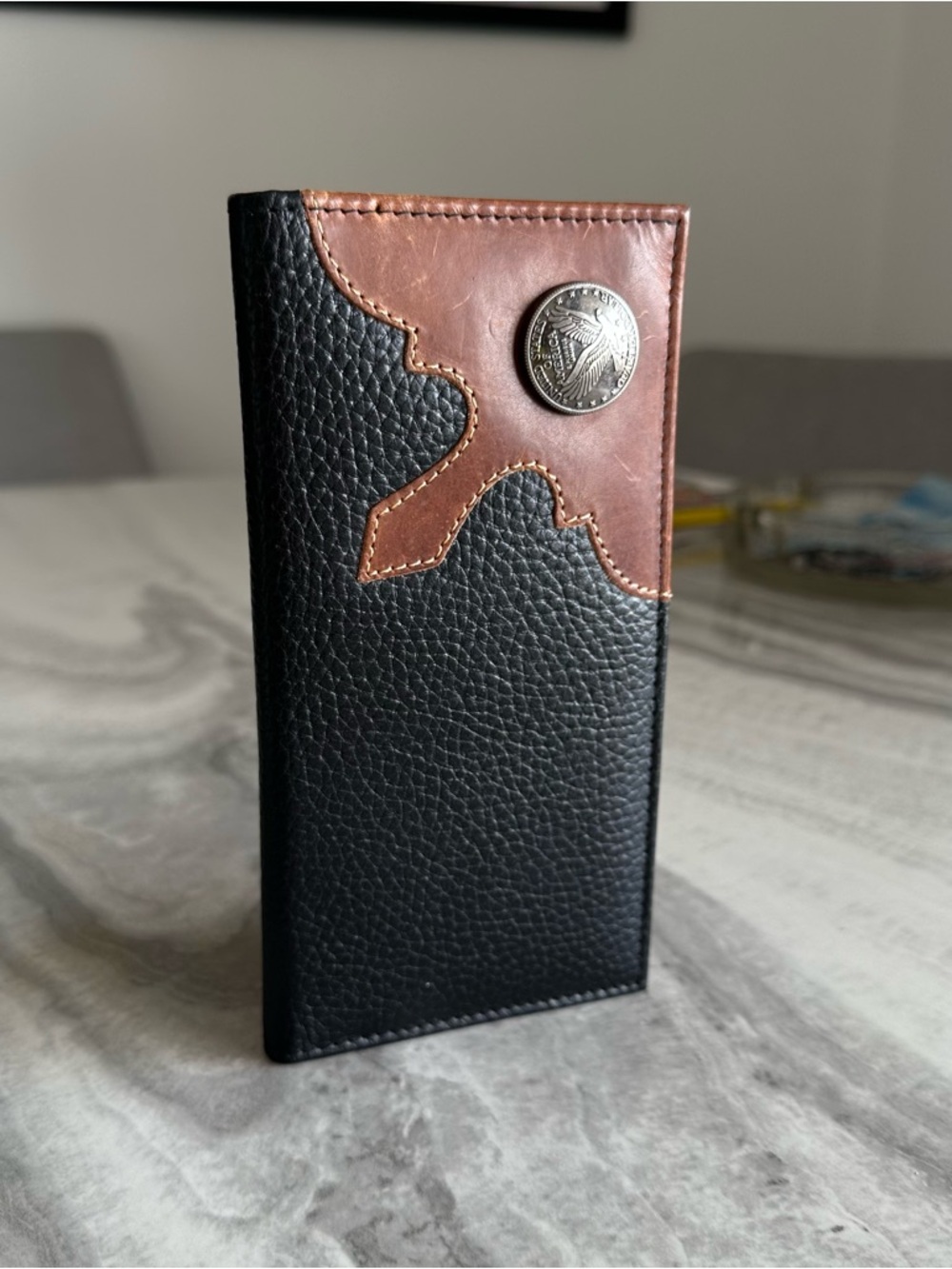 American Bison Two Tone Black Brown Rodeo Bifold Leather Wallet Eagle Medallion
